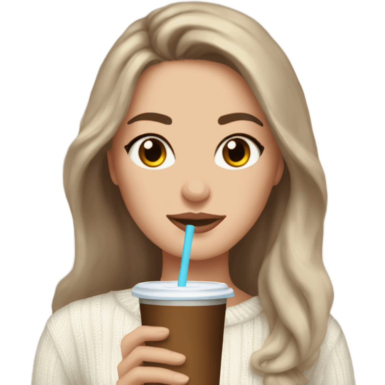 Beautiful white woman mom, long brown hair, brown eyes, cozy holding an iced coffee, white sweater emoji