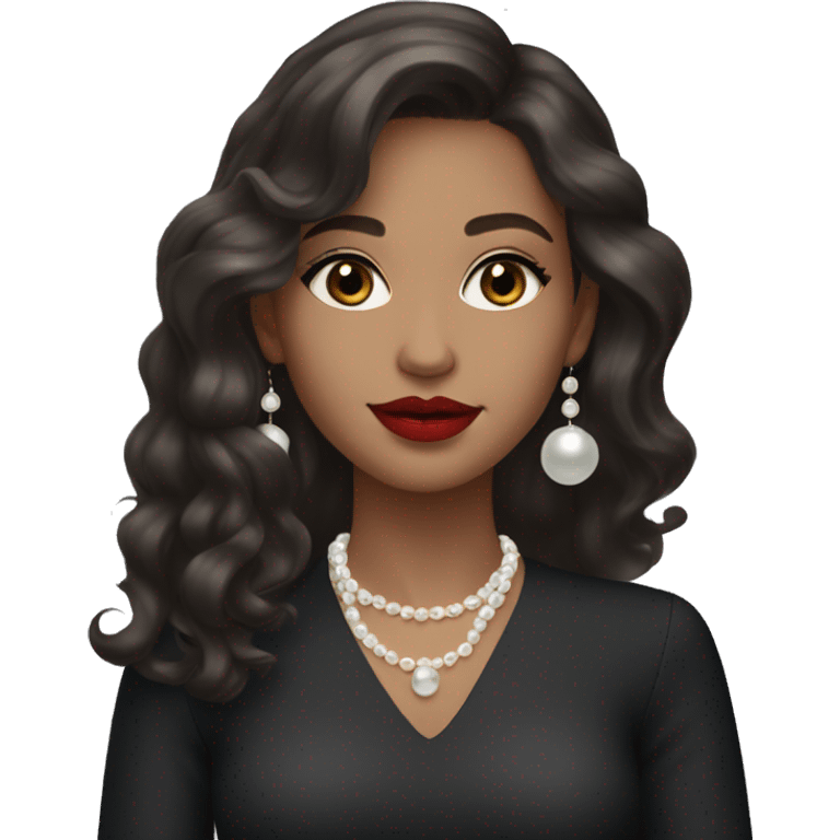 lit brunette young girl with long wavy hair, red lipstick and grey eyes, with pearl earrings and black dress  emoji