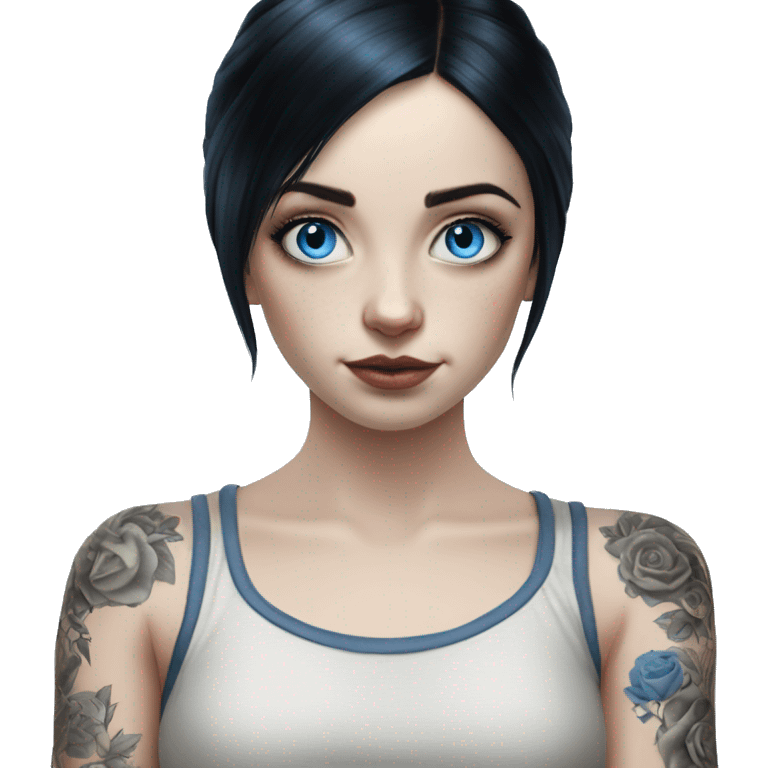 Hyperrealistic Pale girl with blue eyes and black hair arm tattoos emoji