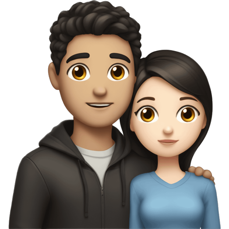 boy with blue eyes, pale skin and brown hair kissing a slightly tanned girl with black hair, dark brown eyes, the guy is taller emoji