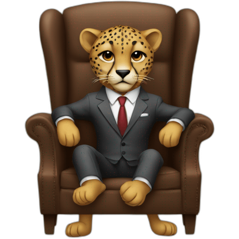 A cheetah wearing a suit looking straight while sitting in a chair emoji