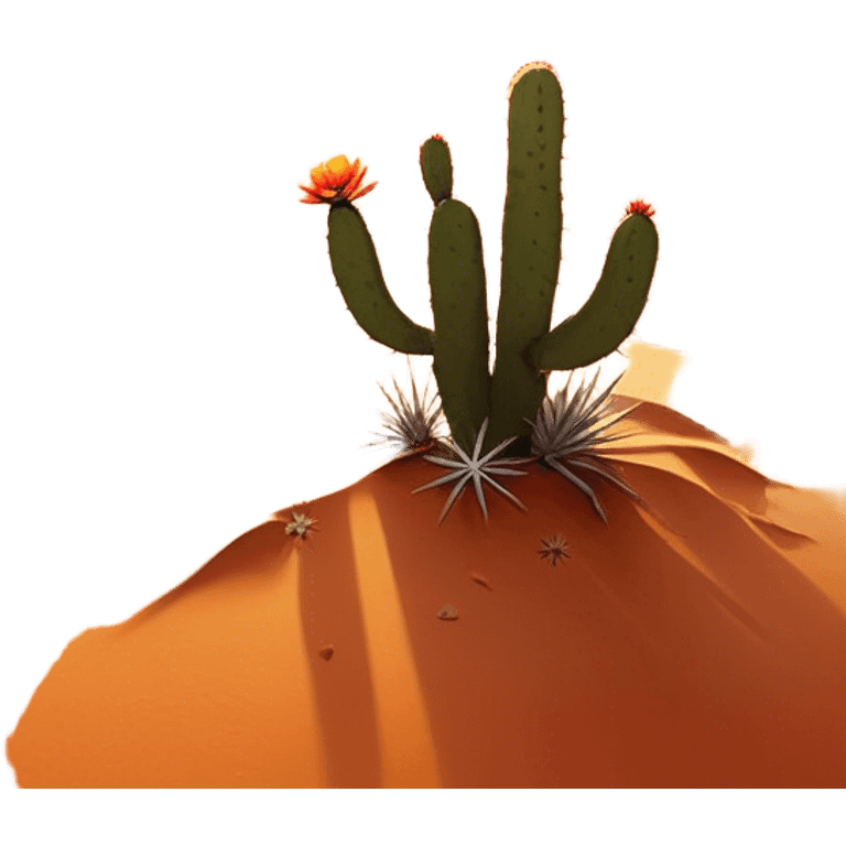 Cinematic Realistic Desert Emoji, Expansive and arid, with vast stretches of golden sand dunes and scattered cacti, the sun casting a warm, almost orange glow over the dry, cracked earth. The horizon blurs into a heat shimmer, while the occasional desert flower adds a splash of color to the barren landscape. Soft glowing outline, capturing the essence of the harsh yet stunning beauty of the desert, calm and quiet, filled with silence and mystery. emoji