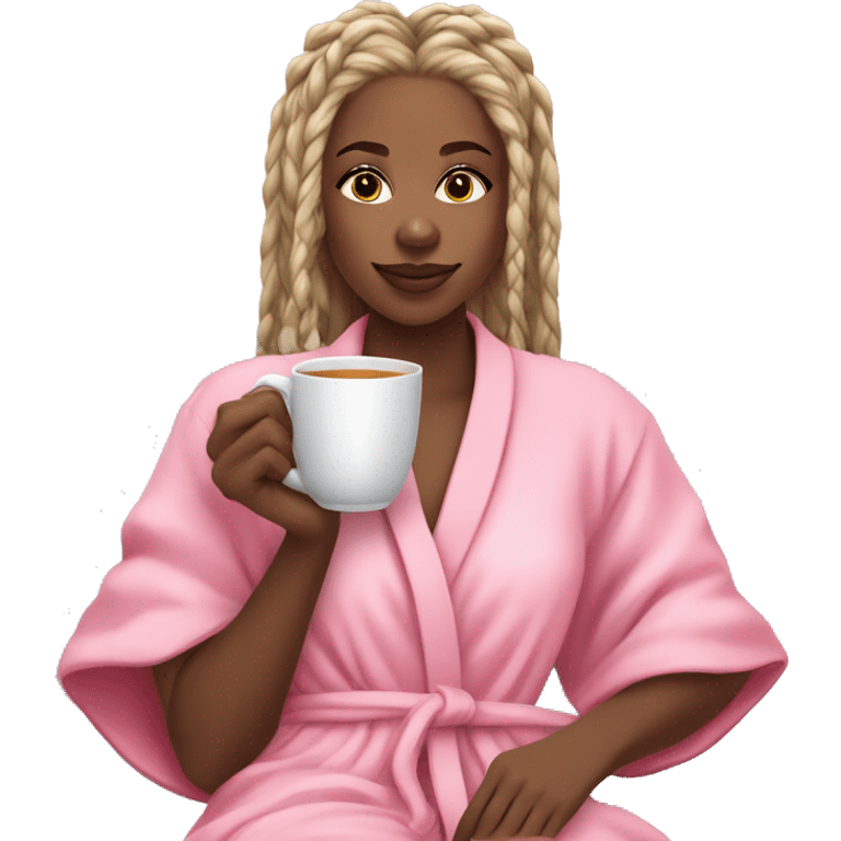 Beautiful black girl with blonde long braids being cozy in her pink robe watching a movie and drinking a tea. On her white couch and lots of pillows  emoji