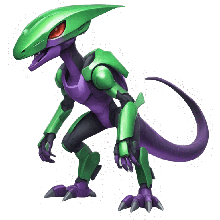 a purple-green Genesect-Raptor-Fakémon—hybrid with a futuristic visor-helmet full body emoji