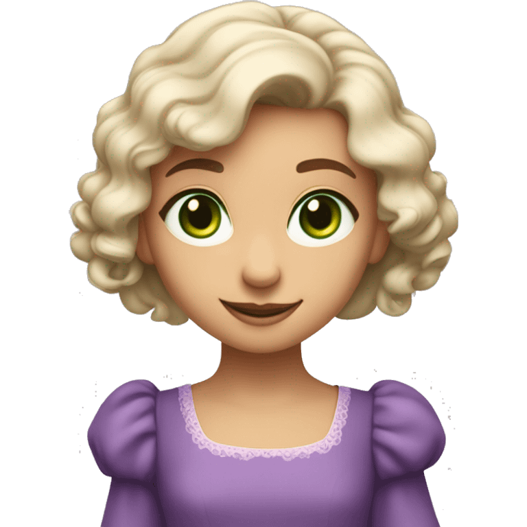 green eyes and a delicate face with a gentle smile. Her complexion is fair and radiant, and she wears a purple dress with puffed sleeves. Her expression is joyful, curious, and full of life, radiating softness and innocence. emoji