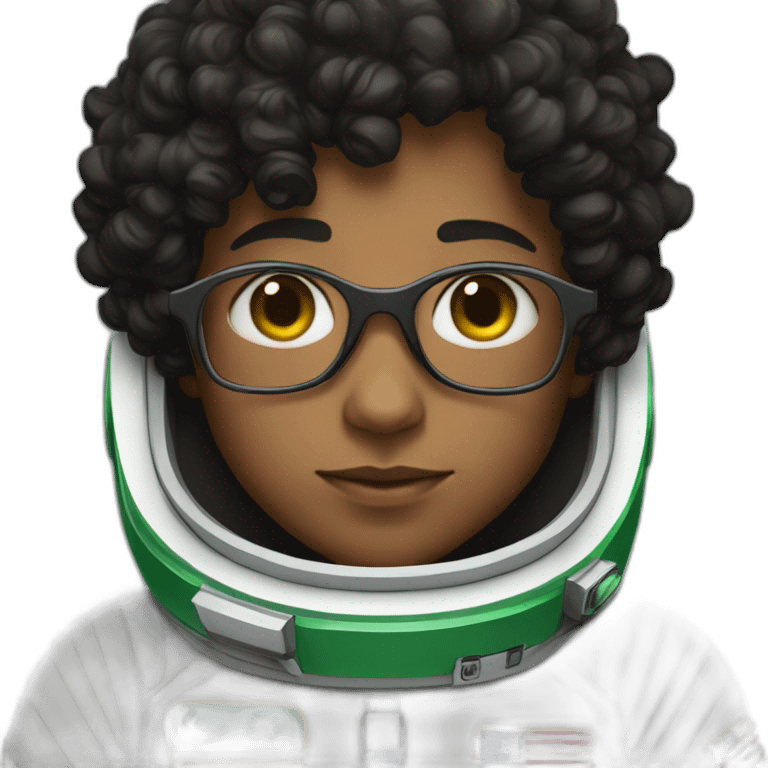 Boy with black short curly hear and glasses wearing a white astronaut suit with the saudi flag emoji