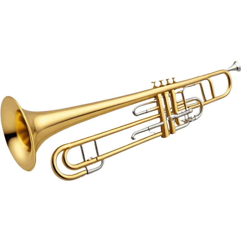 Create a sleek and professional emoji representing the Brahner TB-420 Bb/F tenor trombone. The design should feature the smooth, shiny brass body of the trombone with its distinct curved tubing and large bell. Highlight the tuning slide and the mouthpiece at the top of the instrument. The brass finish should be polished and reflective, with silver accents on the mouthpiece and tuning slide. Add subtle musical notes or soundwaves floating around the trombone to evoke its bold, brassy sound. Use golden and brass tones for the trombone with light reflections to emphasize its high-quality craftsmanship. The background should be transparent. emoji