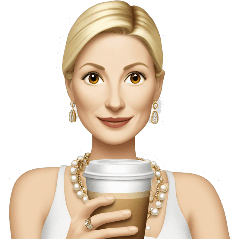 Kelly Rutherford with jewellery wearing white drinking cappucino emoji