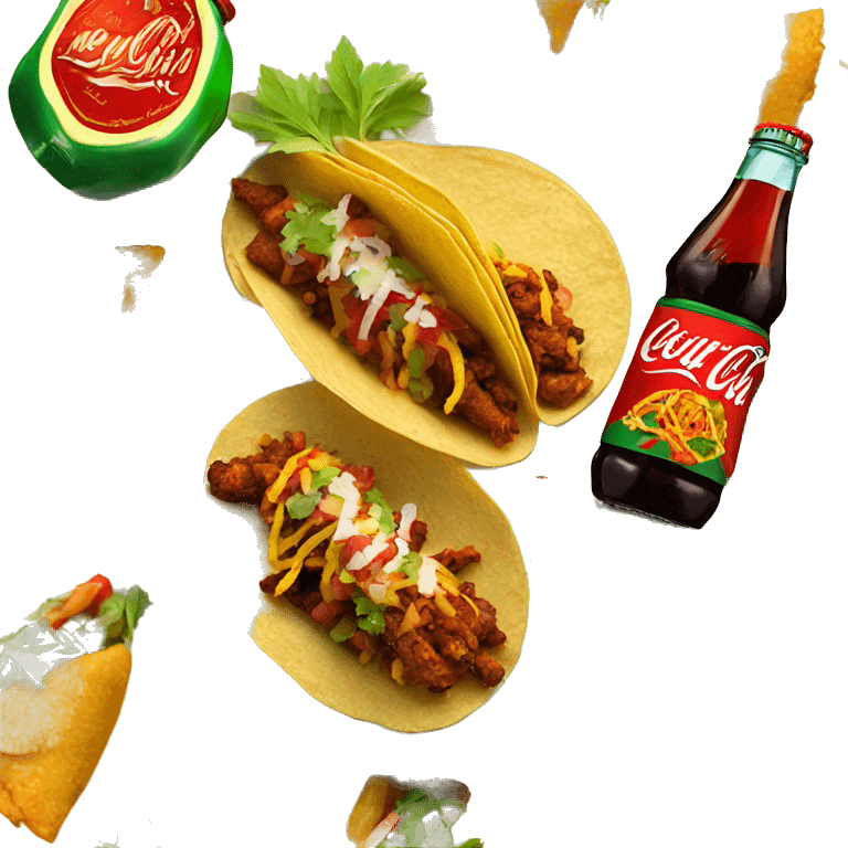 Three Mexican style tacos Al pastor on plate with Mexican Coca Cola bottle on side emoji