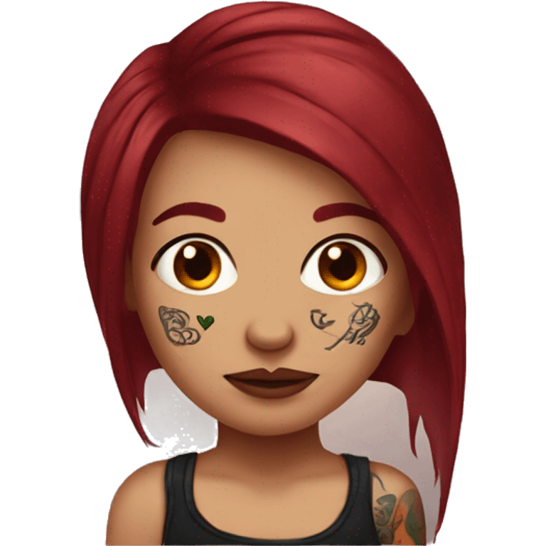 dark red hair girl with arm tattoos and a nose ring emoji