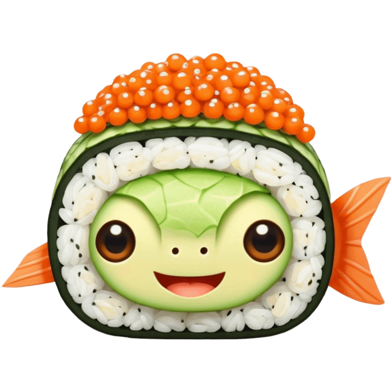 Cute Kawaii California Roll, tiny and round, cute layers of avocado, crab, and cucumber, wrapped in bright orange fish roe, a joyful winking face, tiny sesame seed freckles! emoji