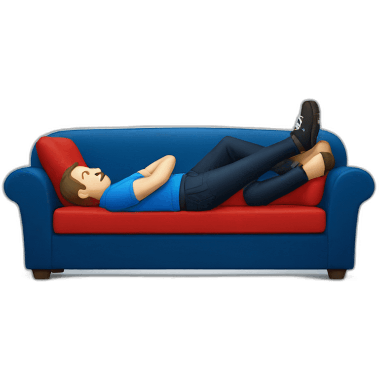 tim robinson laying down on a red couch in a dark dark blue polo shirt emoji