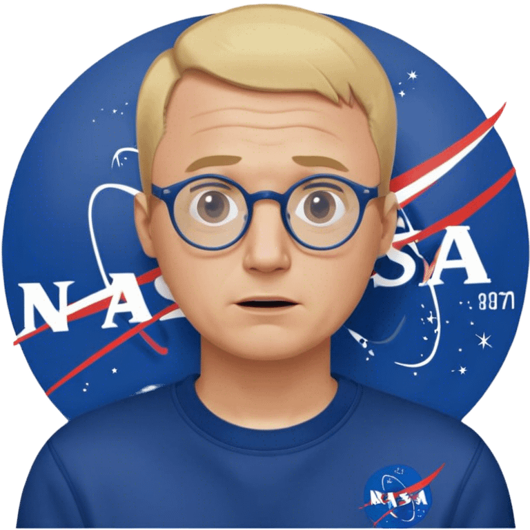 angry fat man, crying like a kid,  blond short and hight receding hairline, wearing a dark blue sweatshirt, nasa logo on the sweatshirt, round glasses without frame, 40 years old emoji