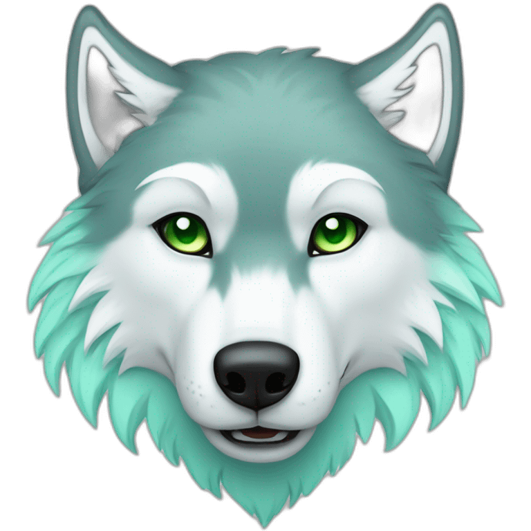 light turquoise and white wolf with green eyes and one eye is grey and dead emoji