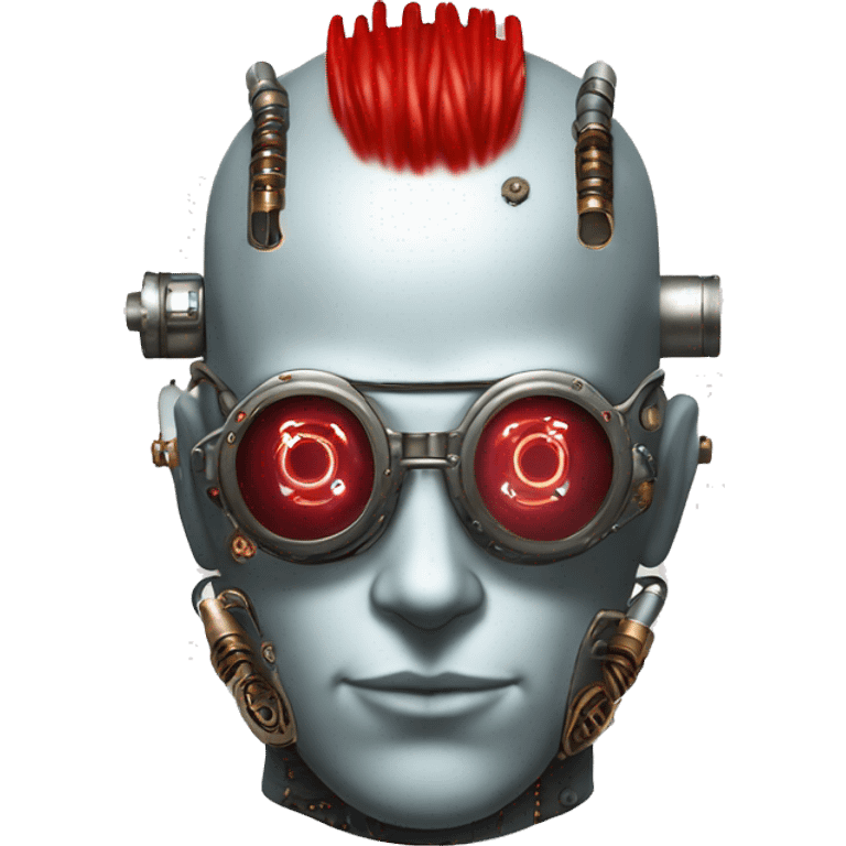 Bald cyborg head with red Mohawk, silver steampunk goggles, red beard and circuits emoji