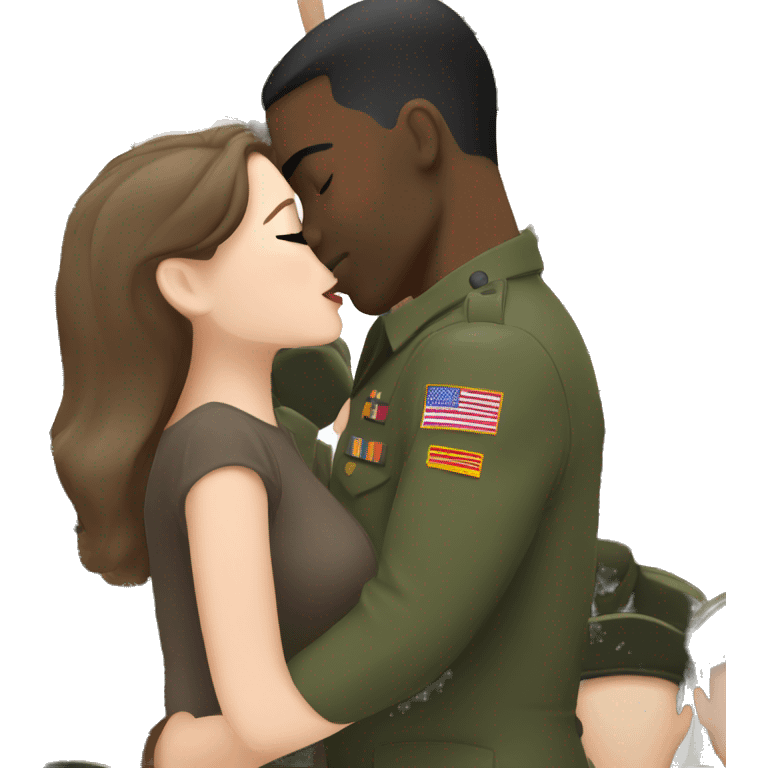 brunette girl kissing black military man emoji