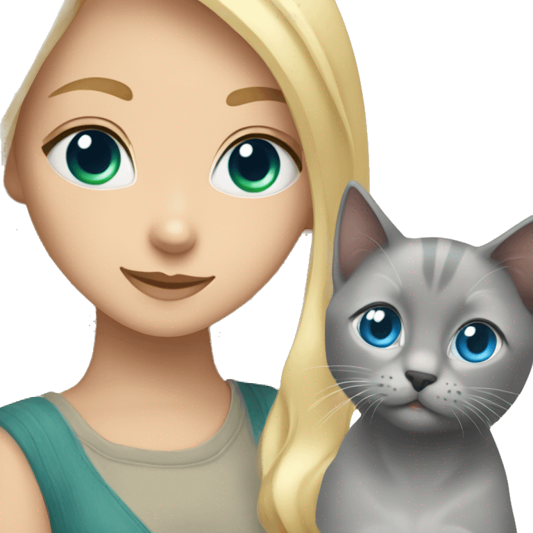 blue eyes grey kitten and green eyes blonde girl are friends emoji