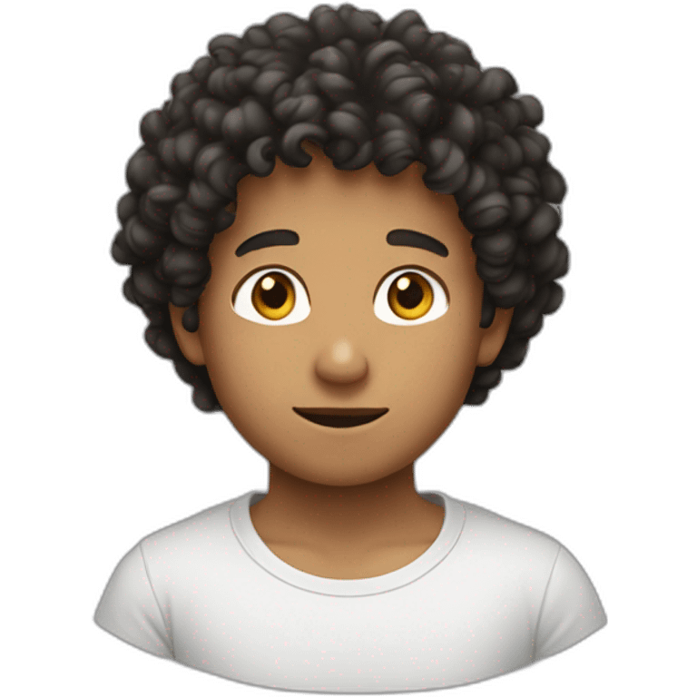 a boy with a curly hair and a musk and a black t-shirt emoji