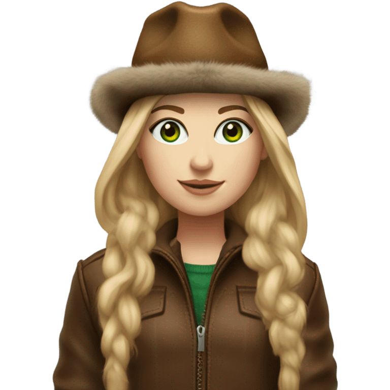 Realistic White girl with Long straight blonde hair, green eyes, tattoos, full body wearing Brown fur coat and fur hat and Brown leather boots emoji