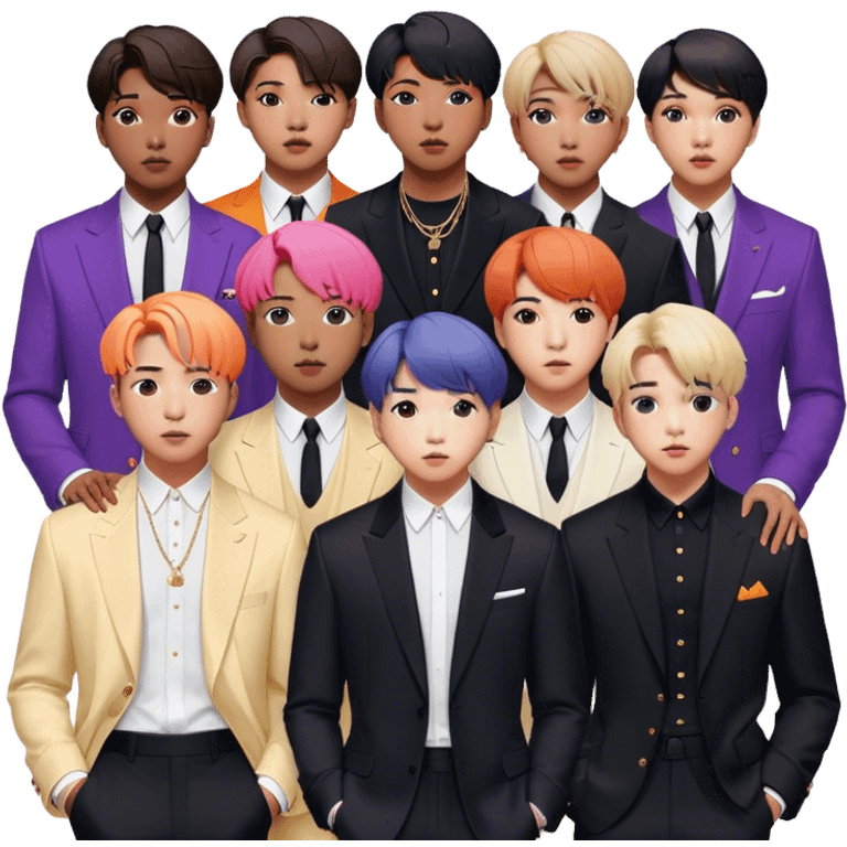 Cinematic Realistic group portrait of BTS featuring all 7 members in stylish modern attire, with detailed facial expressions and vibrant colors, captured in dynamic, contemporary lighting that emphasizes their global pop icon status emoji