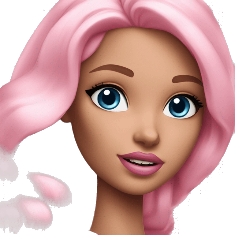 a beautiful girl with fair skin, blue eyes and long soft pink hair, with pink lipstick on her lips. looks like barbie emoji