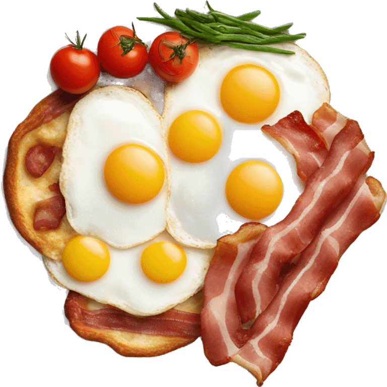 English breakfast on white plate with with eggs, bacon, cherry tomatoes, beans in red sauce emoji