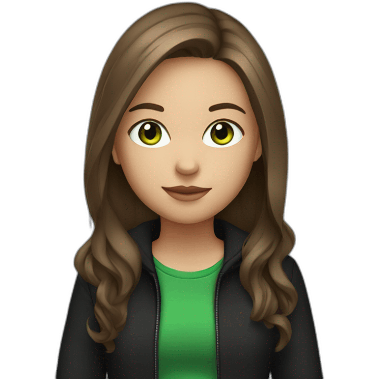 girl with long brown hair, green eyes,in black jacket, with grey laptop emoji