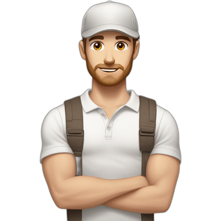 Pale skinned fit Man with dark brown hair in a light gray cap, dark brown jeans, brown polo and white T-shirt keeping a pasted with tape white box into his hands emoji