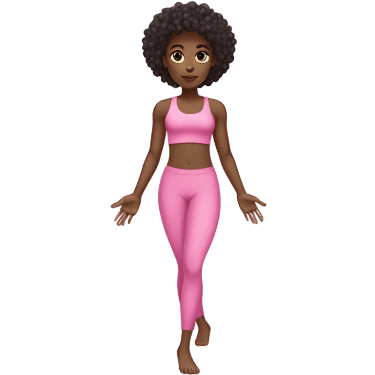 Black girl with curly long dark brown hair doing Pilates in a pink outfit emoji