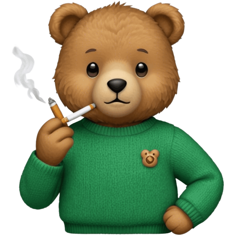 Teddy bear in a green sweater with a cigarette emoji