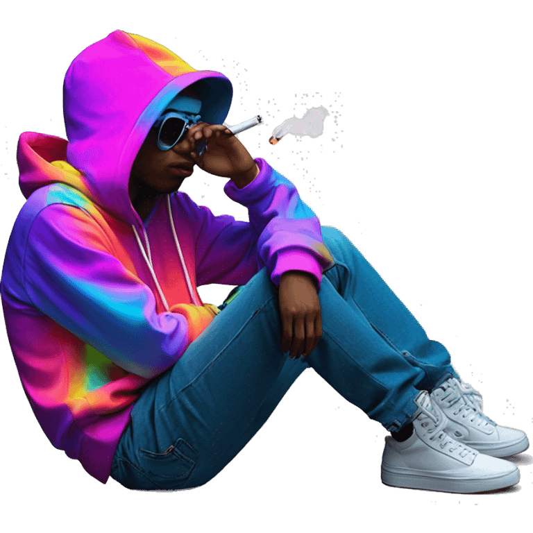 Multicoloured neon person smoking wearing hoodie dancing hip hop bucket hat tropical Skater fashion aesthetic baggy clothes graphic t shirt 420 emoji