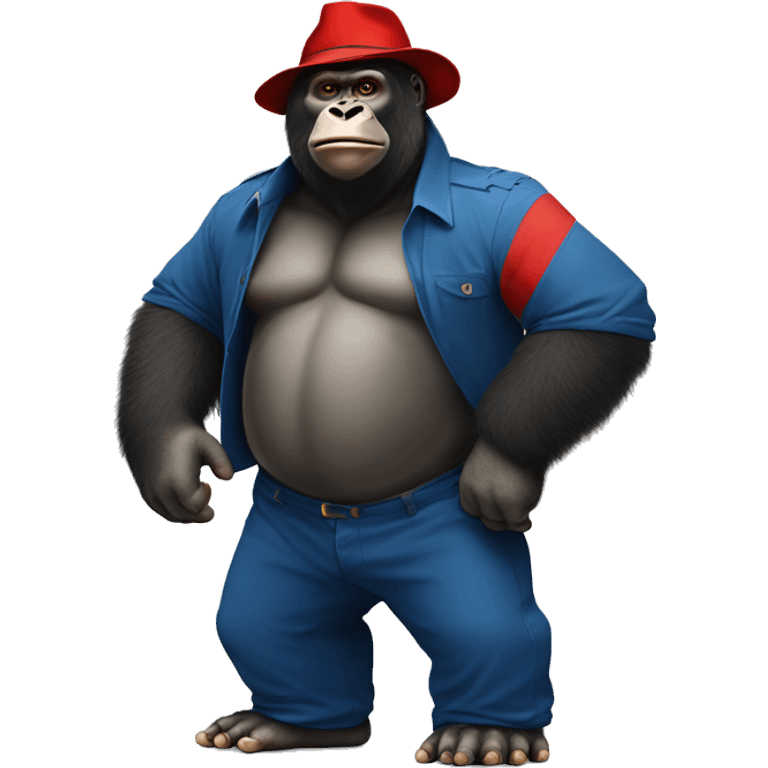 gorilla in paddington bear's  blueclothes and red hat, full body musular  emoji