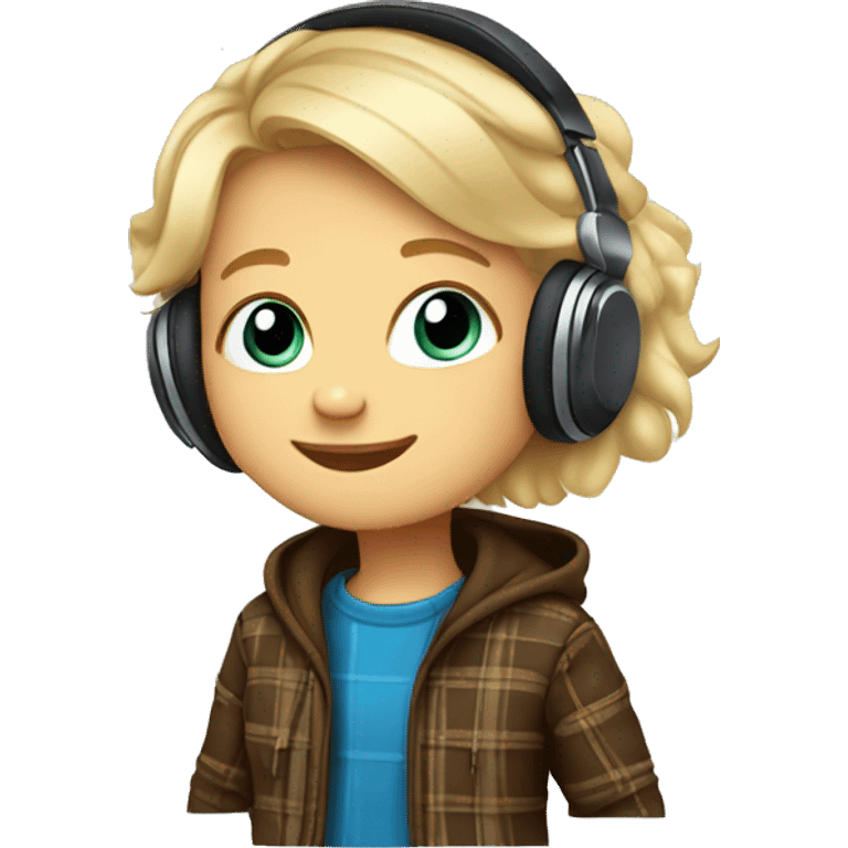 plaid brown jacket on Cubby, blonde, little kid with blue eyes and has headphones on emoji