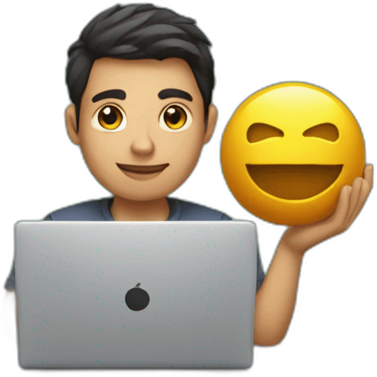 draw a young man sitting at a laptop and holding a fortune ball emoji