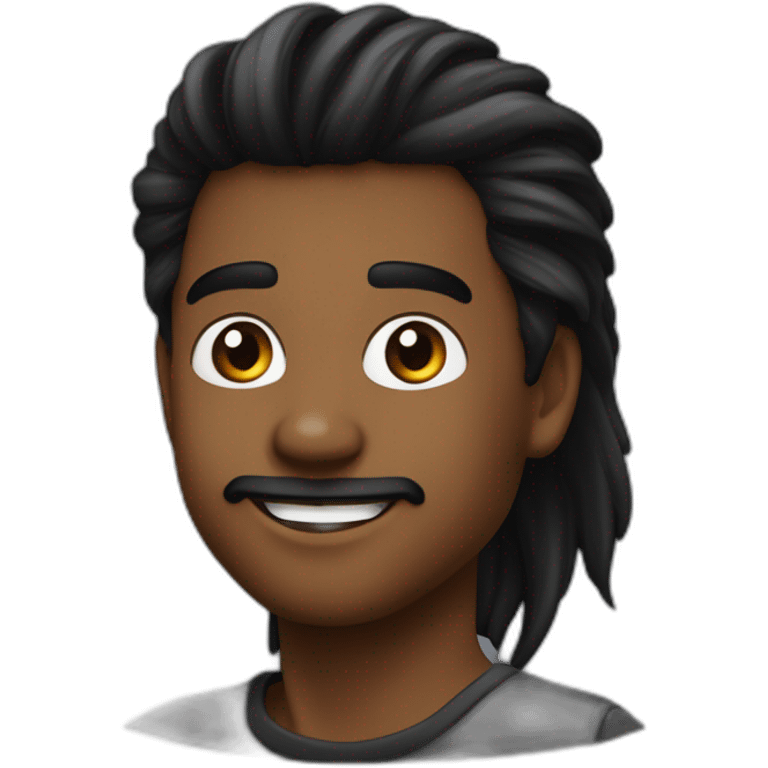 Jovem de pele escura com cavanhaque e cabelo estilo mullet liso medio preto com semblante feliz  emoji