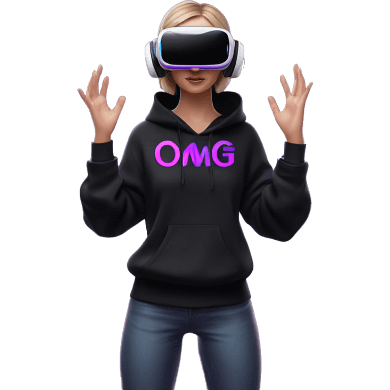 Russian girl wearing black hoody with violet letters "OMG", in vr headset oculus quest2. Standing like jedi. Cyberpunk style. Violet neon. emoji