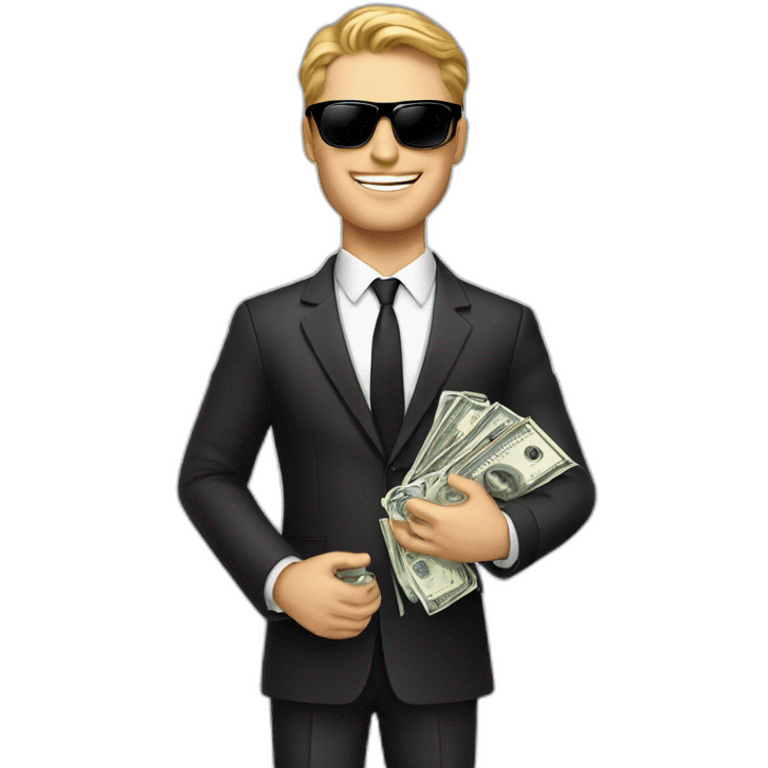 white handsome man with lot of dollars in hands wearing elegance suit and black shades emoji