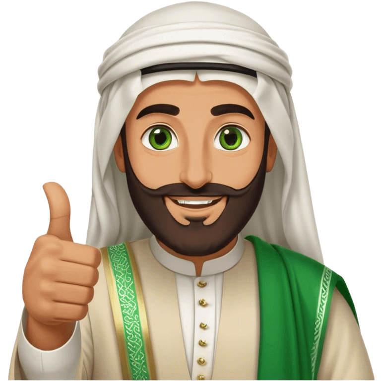 "Tanned Arab Saudi man with green eyes and a beard, wearing an agal and traditional attire, smiling happily and giving a big thumbs-up emoji