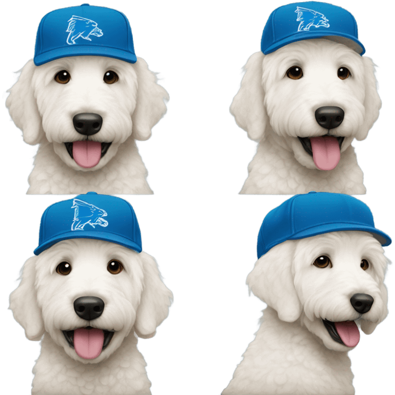 White golden doodle with a Detroit lions hat emoji