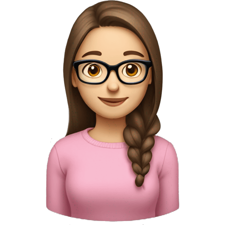 Russian smile Girl with straight brown hair and black glasses frame and in pink sweater working behind laptop emoji