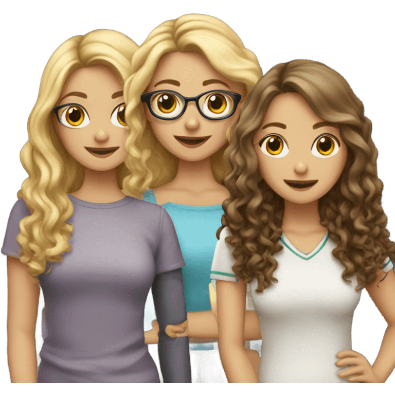 Three girl best friends one blonde with curly hair, one brunette with long hair, one brunette with short hair and glasses emoji