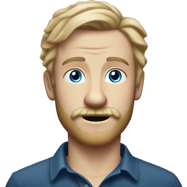 white man with dirty blond hair light beard with mustache little piece of hair that bends over middle part, British expressions, spooky blue eyes emoji