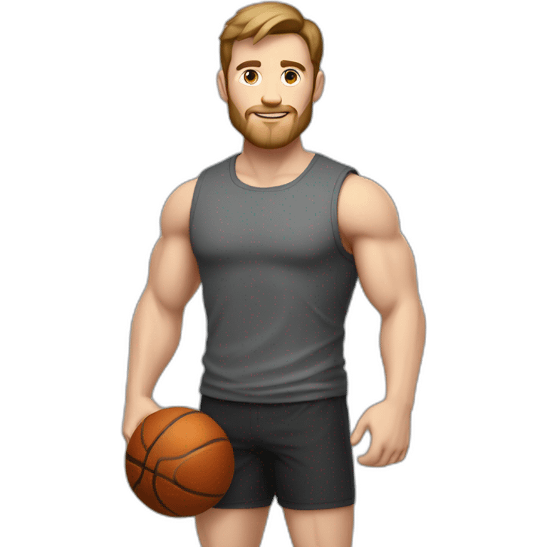 Full height Actively gesturing with hands Pale skinned Fit Man With the biceps and brown hair in dark gray Sleeveless Mike, black oversize sports shorts, watch and white Sneakers emoji