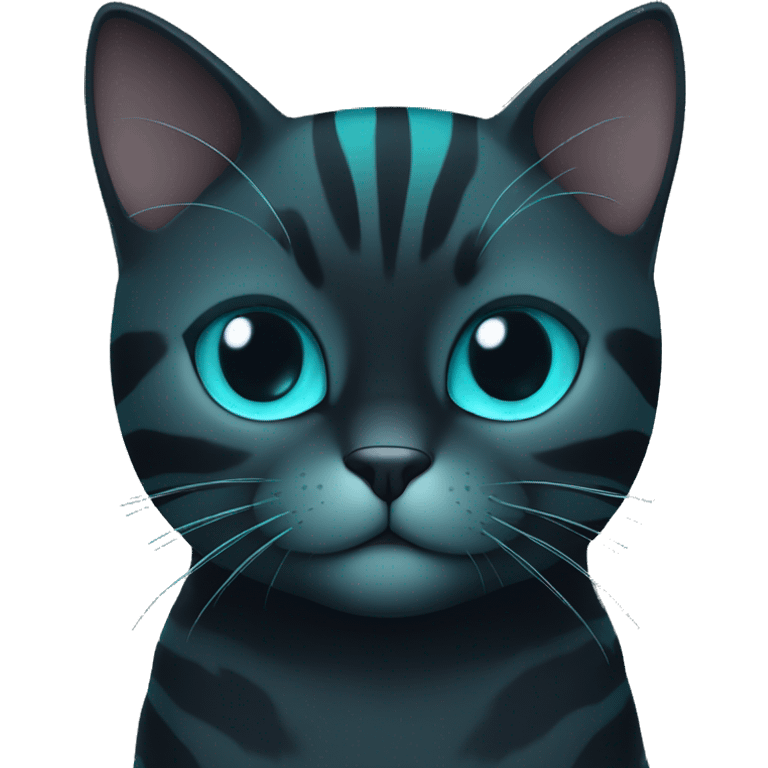 black cat with teal stripes and blue nose and blue eyes with a blue star pattern on the belly of its fur emoji