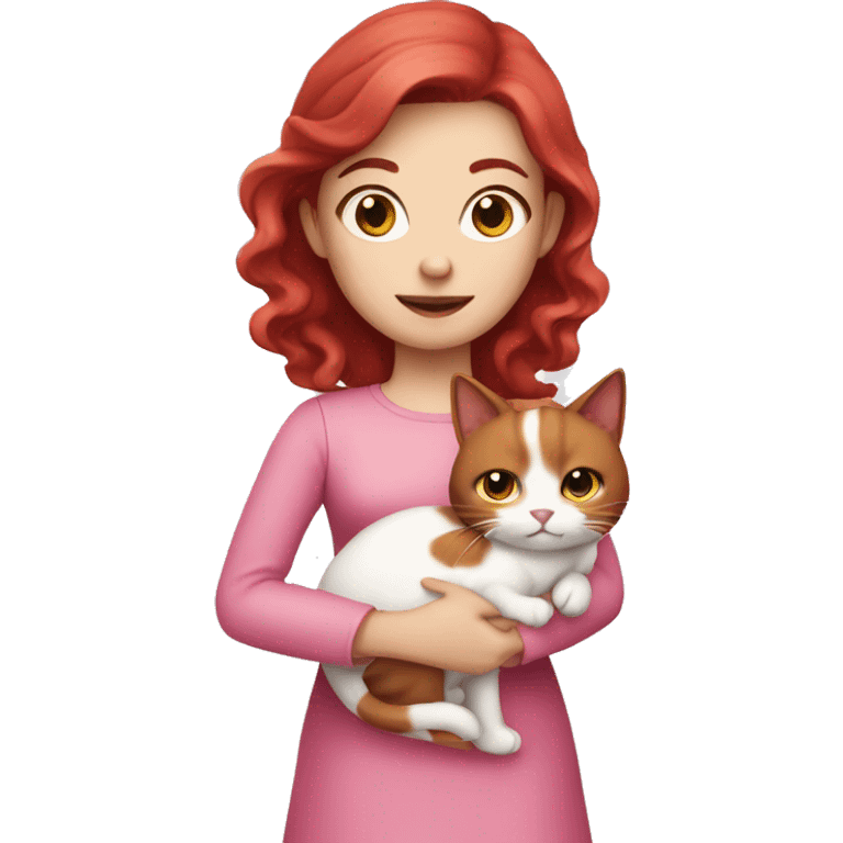 Dark Red hair, white skin wearing pink dress girl who is holding a cat emoji