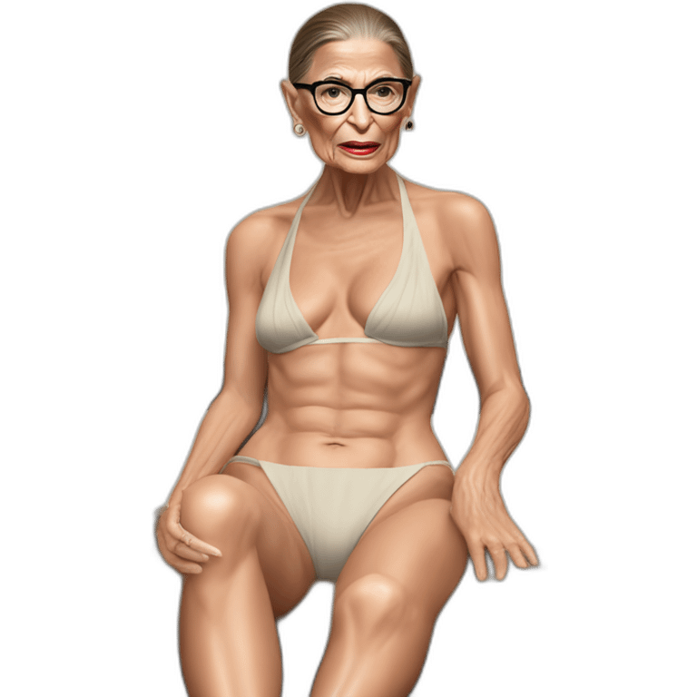 sexy ruth bader ginsburg wearing string bikini with crotchless bikini bottoms bare chest acting out that scene from basic instinct (full body, ios17, sitting legs apart) emoji