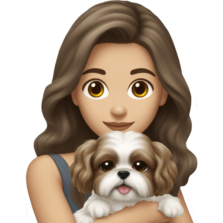 Young brunette hair woman with a cream shih tzu in her arms long wavy hair emoji