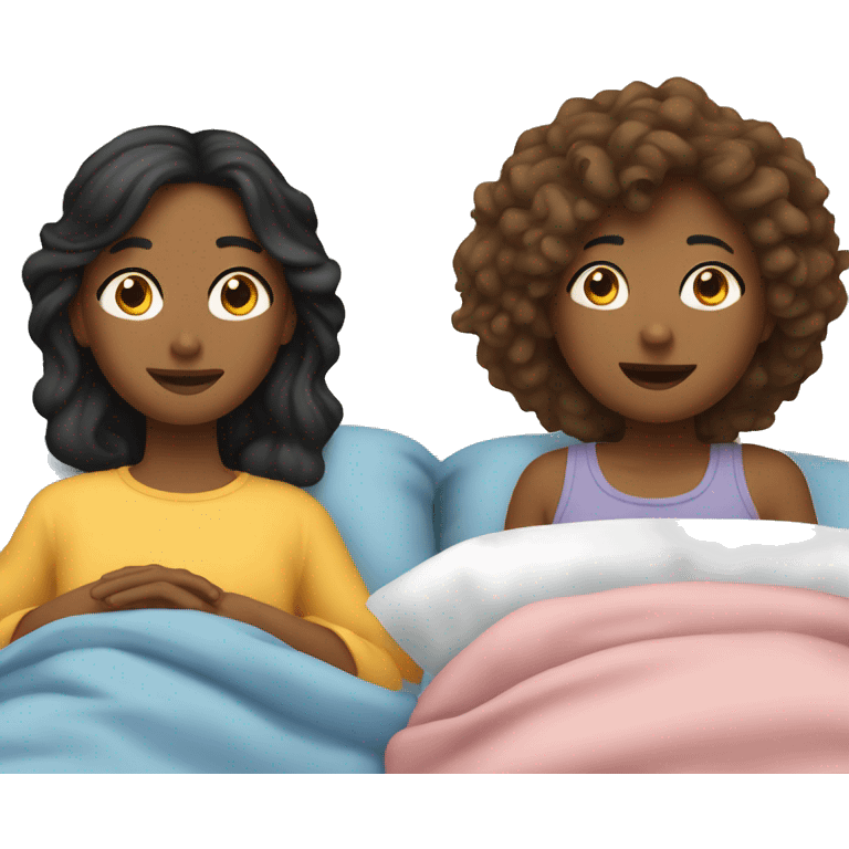 2 friends laying in bed while their friend stands next to them emoji