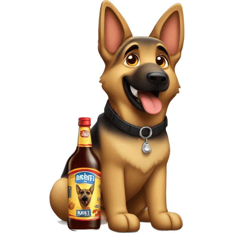 German shepherd holding a bottle of malort liquor emoji