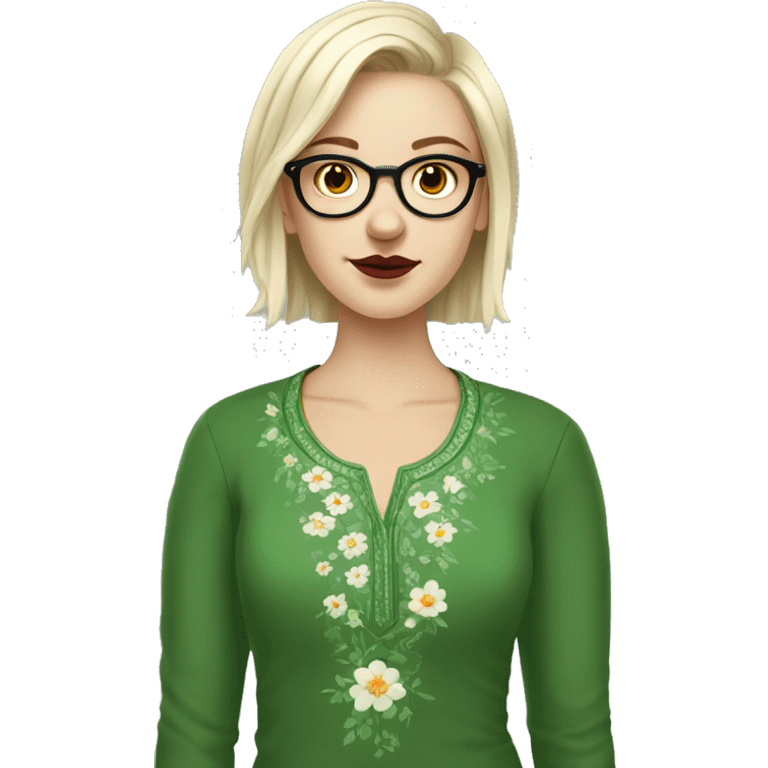 White girl in a green kurta with flower design, glasses, alot of piercing, gay, red lips, nose ring, full body, short straight edgar hair, emoji